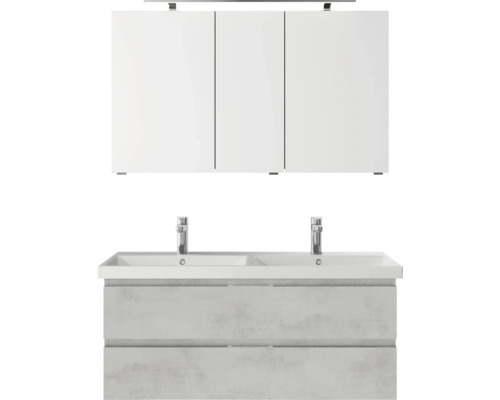 Badmöbelset 3-teilig Pelipal Serie 4035 BxHxT 120 x 200 x 45 cm Frontfarbe grau mit Waschtisch Keramik weiß und Keramik-Doppelwaschtisch Waschtischunterschrank Spiegelschrank mit LED-Beleuchtung 40351200121030 Waschtisch mit zwei Waschbecken und Spiegelschrank