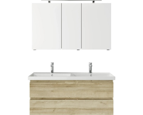 Badmöbelset 3-teilig Pelipal Serie 4035 BxHxT 120 x 200 x 45 cm Frontfarbe eiche riviera mit Waschtisch Keramik weiß und Keramik-Doppelwaschtisch Waschtischunterschrank Spiegelschrank mit LED-Beleuchtung 40351200121470 Waschtisch mit Unterschrank, Doppelwaschbecken und Spiegelschrank