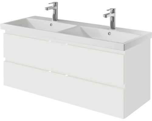 Waschtischunterschrank mit zwei Waschbecken und zwei Armaturen