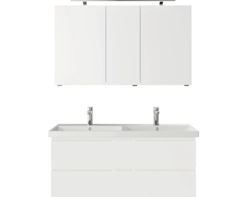 Badmöbel-Set Pelipal Serie 4035 BxHxT 120 x 200 x 45 cm Frontfarbe weiß Badmöbelset 3-teilig mit Waschtisch Keramik weiß und Keramik-Doppelwaschtisch Waschtischunterschrank Spiegelschrank mit LED-Beleuchtung