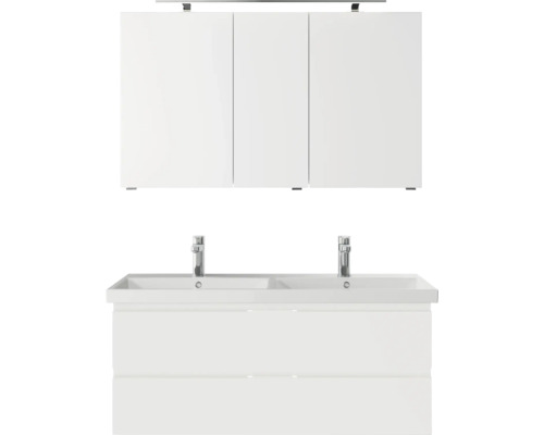 Badmöbelset 3-teilig Pelipal Serie 4035 BxHxT 120 x 200 x 45 cm Frontfarbe weiß mit Waschtisch Keramik weiß und Keramik-Doppelwaschtisch Waschtischunterschrank Spiegelschrank mit LED-Beleuchtung 40351200121150 Waschtisch mit zwei Waschbecken und Spiegelschrank zur Wandmontage im Badezimmer.