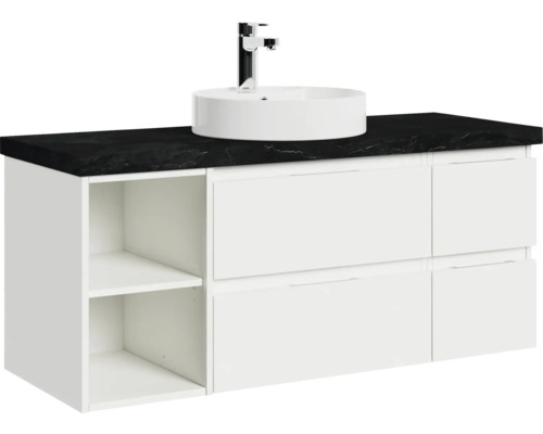 Waschtischunterschrank mit Aufsatzwaschbecken und Armatur auf einer Arbeitsplatte