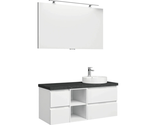 Waschtisch mit Aufsatzwaschbecken, Unterschrank und Spiegel mit Beleuchtung für das Badezimmer