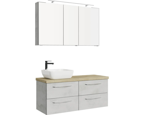 Badezimmerensemble mit Waschtischunterschrank, Aufsatzwaschbecken, Armatur und Spiegelschrank