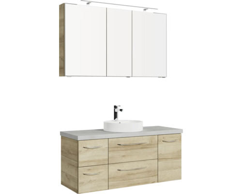 Badezimmer-Set mit Waschtischunterschrank, Aufsatzwaschbecken, Spiegelschrank und Beleuchtung