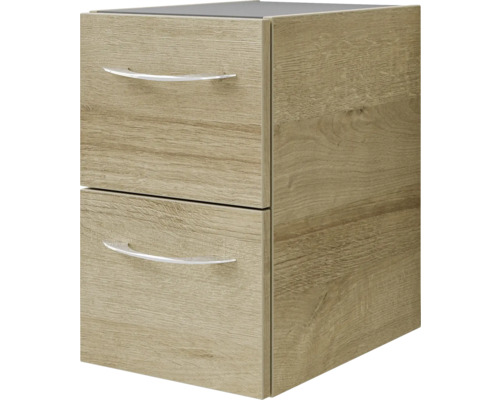 Holzfarbener Schubladenschrank mit zwei Schubladen und Griffen