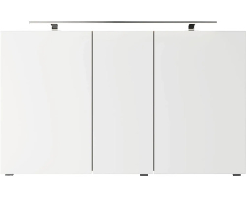 Weißer Bad-Hängeschrank mit drei Türen und Beleuchtung