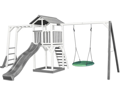 Spielturm axi Beach 519 x 349 cm Holz weiß inkl. Kletterwand, Nestschaukel grau Spielturm mit Rutsche, Schaukel und Klettergerüst für den Garten
