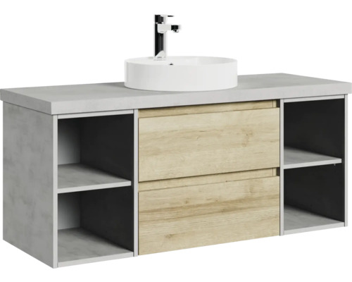 Waschtischunterschrank mit Aufsatzwaschbecken, zwei Schubladen und offenen Regalen