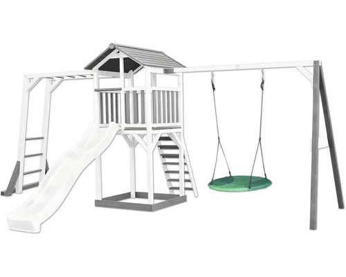 Spielturm axi Beach 519 x 349 cm Holz weiß inkl. Kletterwand, Nestschaukel weiß Spielturm mit Rutsche, Leiter, Schaukel und Aussichtsplattform für den Garten
