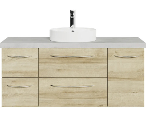 Badmöbelset 5-teilig und mehr Pelipal Serie 4035 BxHxT 118 x 61,2 x 44,5 cm Frontfarbe eiche riviera mit Waschtisch Keramik weiß Griff chrom glanz 40351200214701 Waschtisch mit Aufsatzwaschbecken, Waschtischplatte und Unterschrank