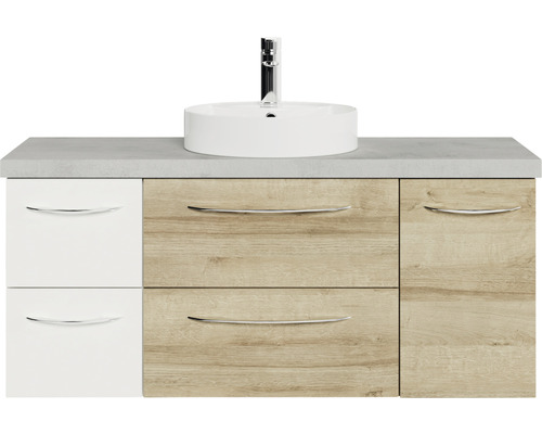 Badmöbelset 5-teilig und mehr Pelipal Serie 4035 BxHxT 118 x 61,2 x 44,5 cm Frontfarbe eiche riviera mit Waschtisch Keramik weiß Griff chrom glanz 40351200214702 Waschtisch mit Aufsatzwaschbecken, Schubladen und Armatur