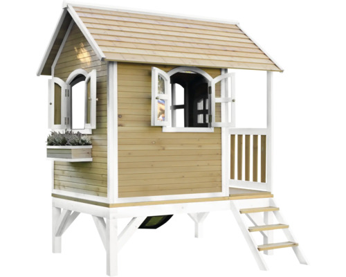 Spielhaus aus Holz mit Treppe und Fenstern