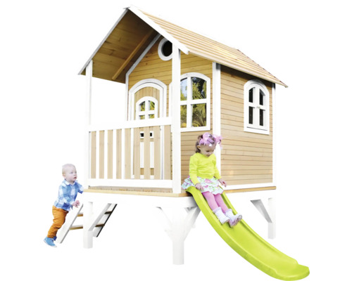 Kinderspielhaus aus Holz mit Rutsche und Leiter