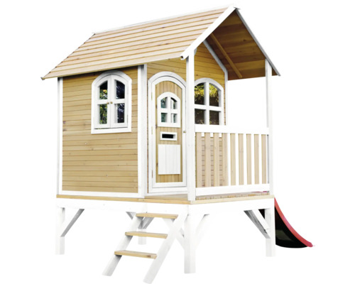 Spielhaus aus Holz mit Rutsche, Treppe, Tür und Fenstern