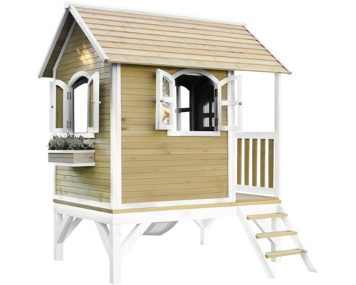 Spielhaus aus Holz mit Treppe, Fenstern und Blumenkasten