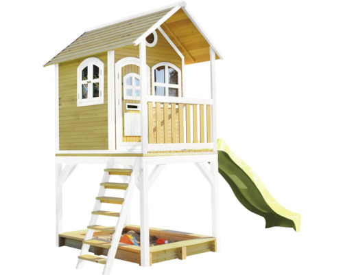 Spielhaus mit Rutsche und Sandkasten aus Holz