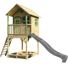 Spielhaus aus Holz mit Rutsche und Sandkasten