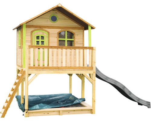 Spielhaus mit Stelzen axi Marc 432 x 212 cm Holz braun grün inkl. graue Rutsche Holzspielhaus mit Rutsche, Sandkasten und Leiter