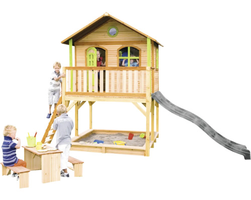 Spielhaus aus Holz mit Sandkasten, Rutsche und Picknicktisch für Kinder