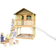 Spielhaus aus Holz mit Rutsche, Sandkasten und Picknicktisch für den Garten