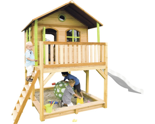 Spielhaus mit Stelzen axi Marc 432 x 212 cm Holz braun grün inkl. weiße Rutsche Spielhaus mit Sandkasten und Rutsche für Kinder im Garten
