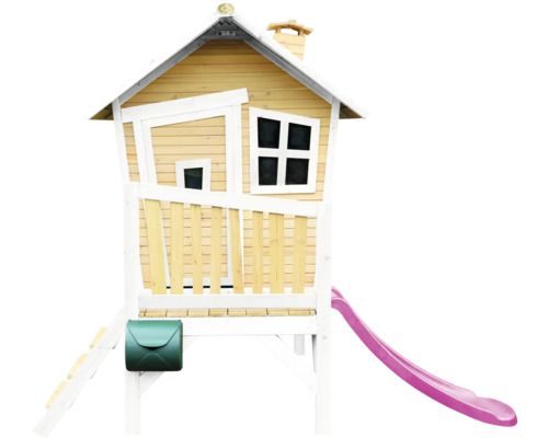 Spielhaus aus Holz mit Rutsche und Briefkasten