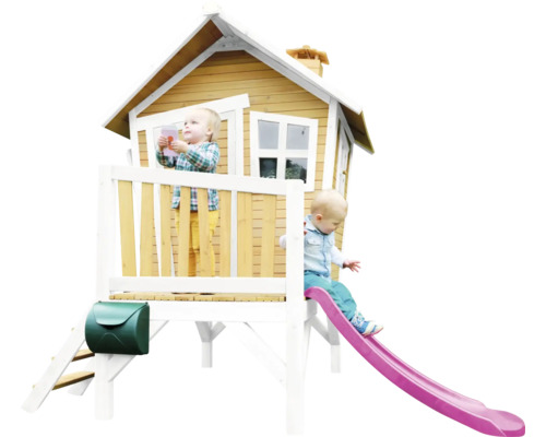 Spielhaus mit Rutsche und zwei spielenden Kindern