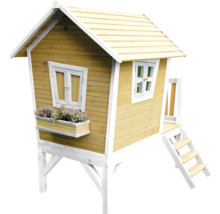 Spielhaus aus Holz mit Fenster, Blumenkasten und Treppe