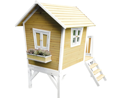 Spielhaus aus Holz mit Fenster, Blumenkasten und Treppe