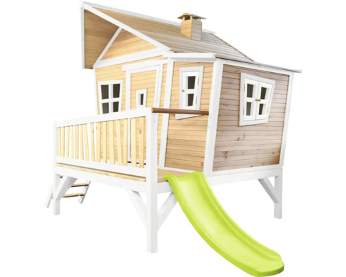 Spielhaus aus Holz mit Rutsche