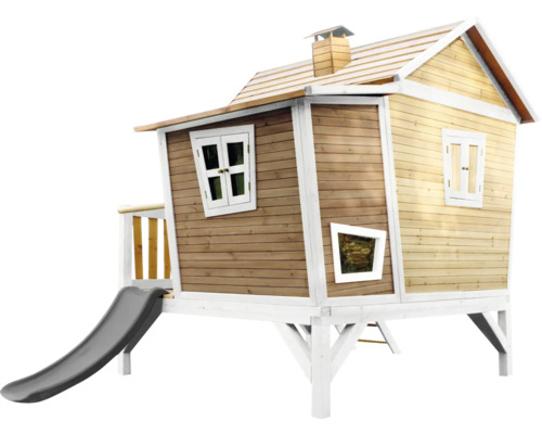 Holzspielhaus mit Rutsche und Fenstern