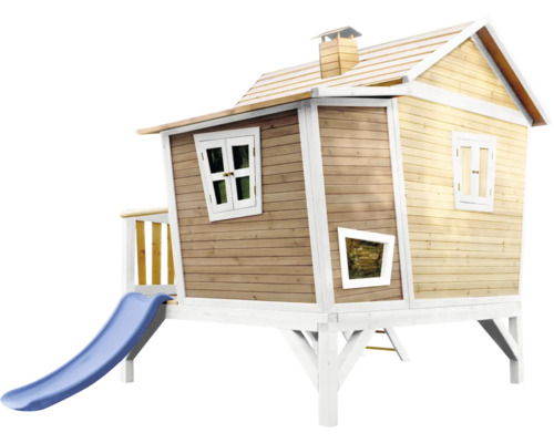 Holzspielhaus mit Rutsche und Fenstern