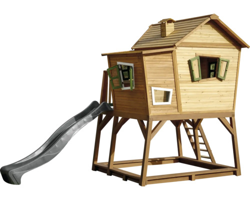 Holzspielhaus mit Rutsche und Sandkasten