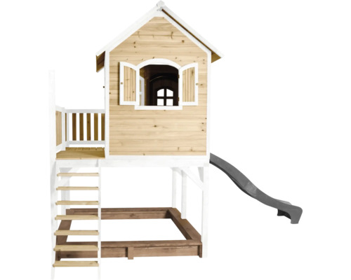 Spielhaus mit Stelzen axi Liam 377 x 255 cm Holz braun bestehend aus Rutsche grau Holzspielhaus mit Rutsche, Leiter, Sandkasten und Fenster