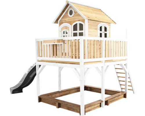 Spielhaus mit Rutsche, Sandkasten und Leiter aus Holz