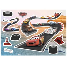 Wandsticker mit Motiven aus dem Disney Pixar Film Cars mit Rennautos, Reifen, Pylonen und einem Schraubenschlüssel