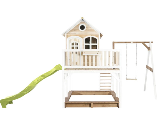 Spielturm mit Rutsche, Schaukel und Sandkasten aus Holz