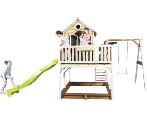 Spielhaus mit Rutsche, Schaukel und Sandkasten für Kinder