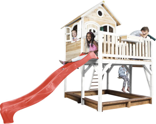 Spielhaus mit Rutsche, Sandkasten, Schaukel und Kindern