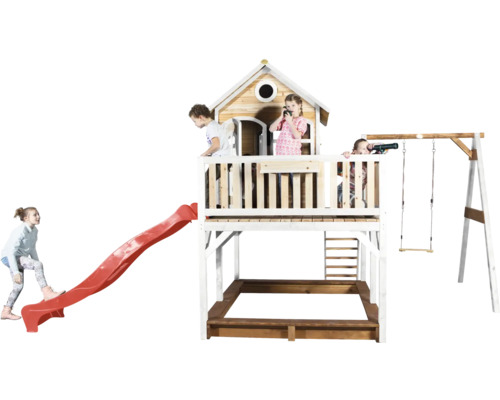 Spielturm mit Rutsche, Schaukel und Sandkasten mit spielenden Kindern