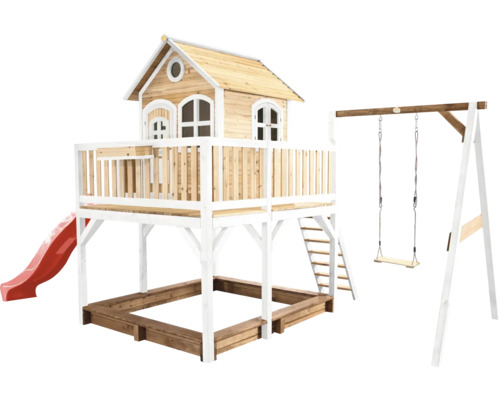 Spielhaus mit Stelzen axi Liam 541 x 277 cm Holz braun inkl. rote Schaukel Spielhaus mit Rutsche, Schaukel und Sandkasten für den Garten