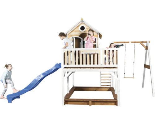 Spielturm mit Rutsche, Schaukel und Sandkasten aus Holz