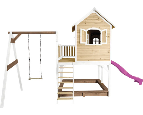 Spielhaus mit Stelzen axi Liam 541 x 277 cm Holz braun inkl. lila Schaukel Spielhaus mit Schaukel, Sandkasten, Rutsche und Leiter