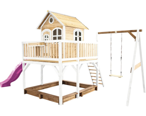 Holzspielhaus mit Rutsche, Schaukel und Sandkasten für den Garten