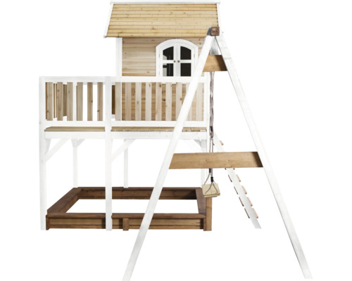 Spielhaus mit Schaukel, Sandkasten und Leiter