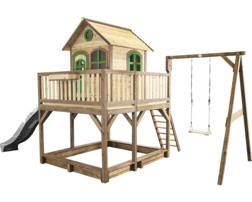 Spielturm aus Holz mit Rutsche, Sandkasten und Schaukel