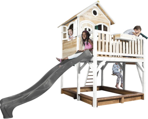 Spielhaus mit Stelzen axi Liam 541 x 277 cm Holz braun inkl. dunkelgraue Schaukel Spielhaus mit Rutsche, Sandkasten und Schaukel für Kinder im Garten