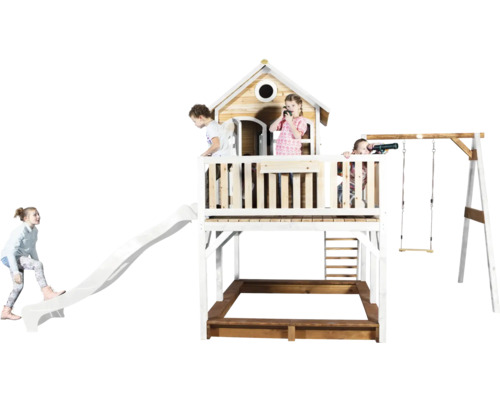 Spielturm mit Rutsche, Schaukel und Sandkasten für Kinder im Garten