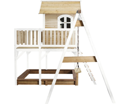 Spielhaus mit Schaukel, Sandkasten und Leiter aus Holz